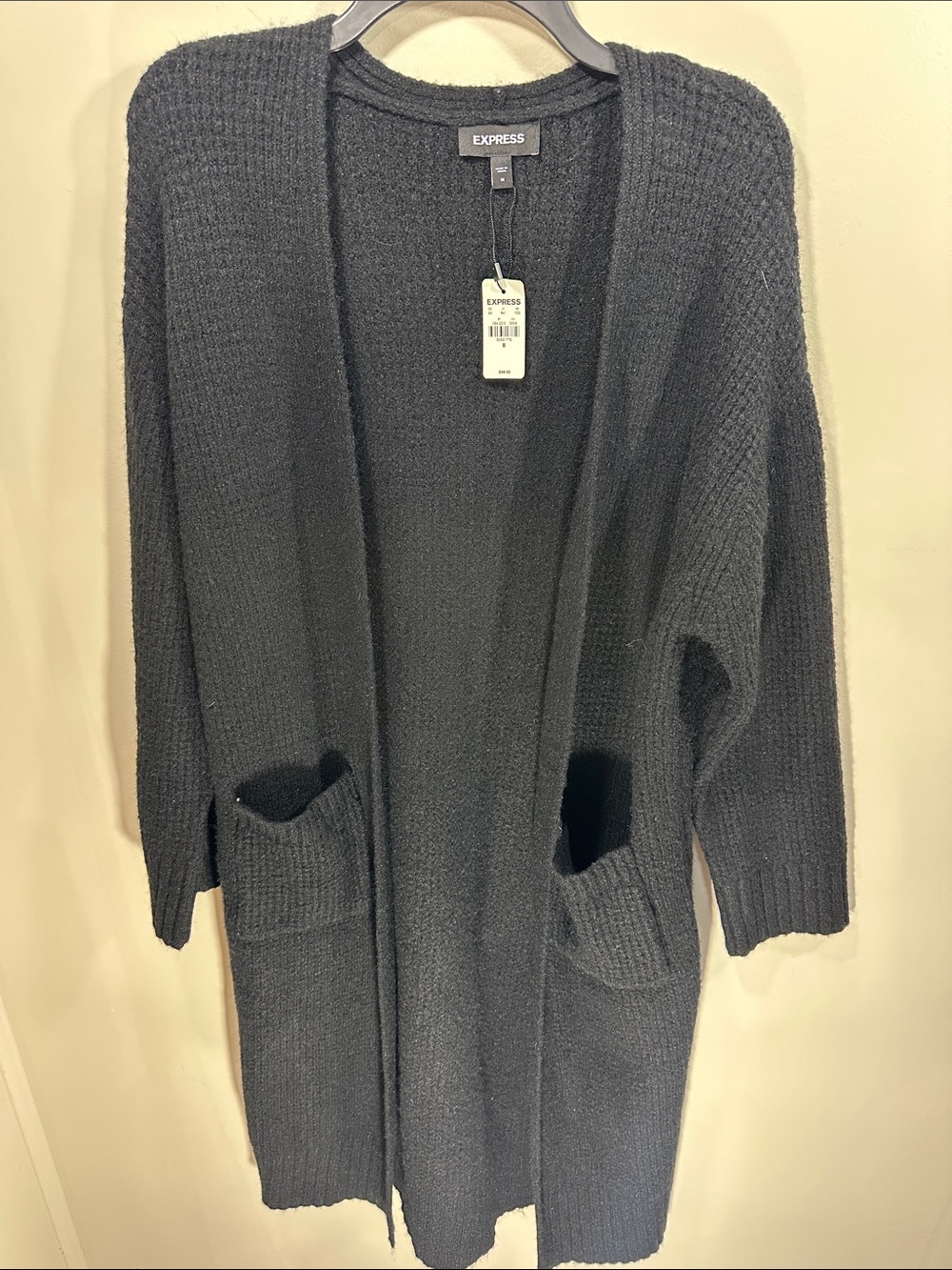 NWT Express Soft Fuzzy Black Open-Front Waffle Knit Cardigan with Pockets